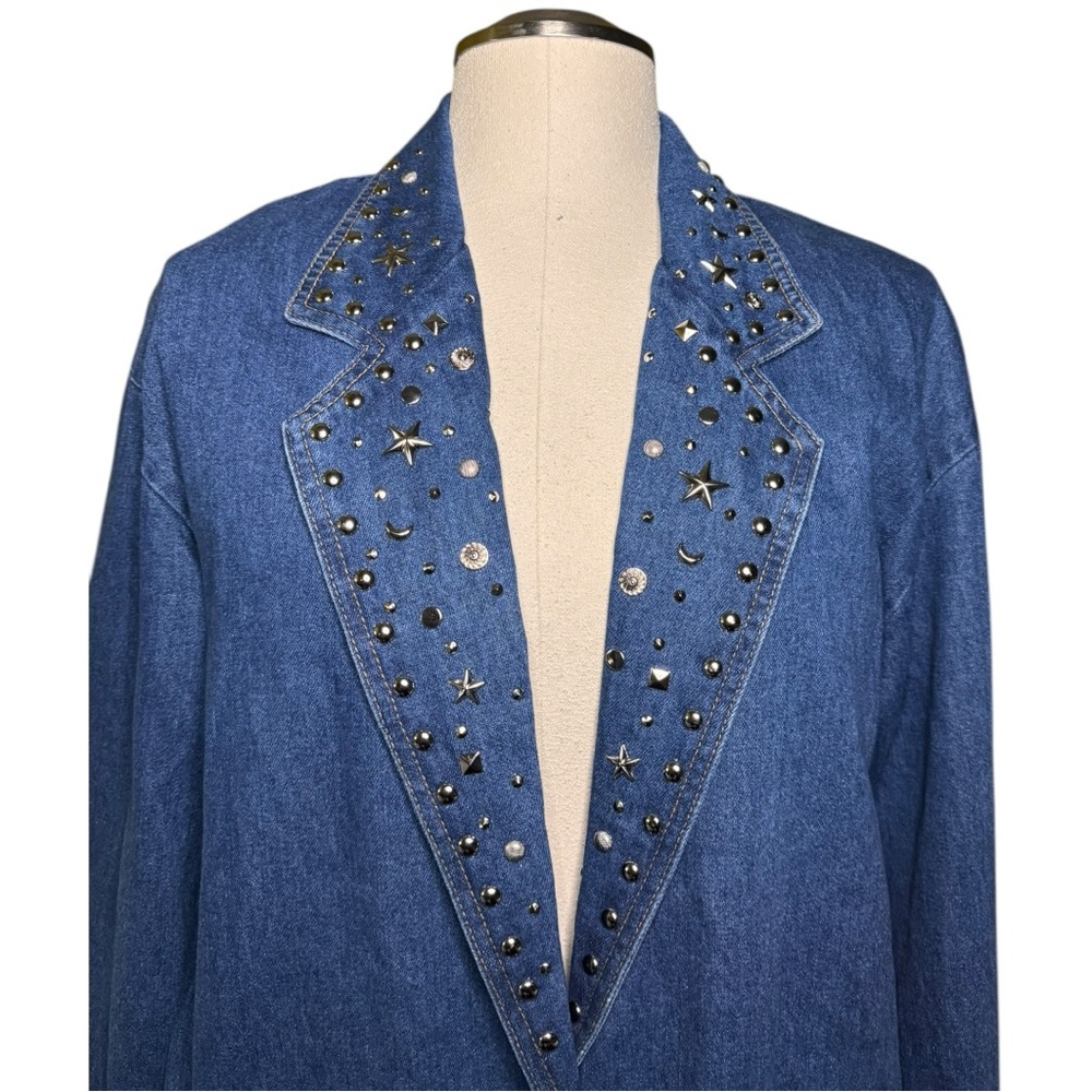 Green Field Studded Denim 90s Vintage Celestial Jacket - Picture 2 of 14